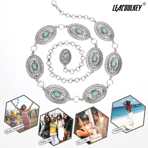 Women Turquoise Concho Chain Waist Belt Silver Western Cowgirl Metal 6436 - Picture 6 of 6